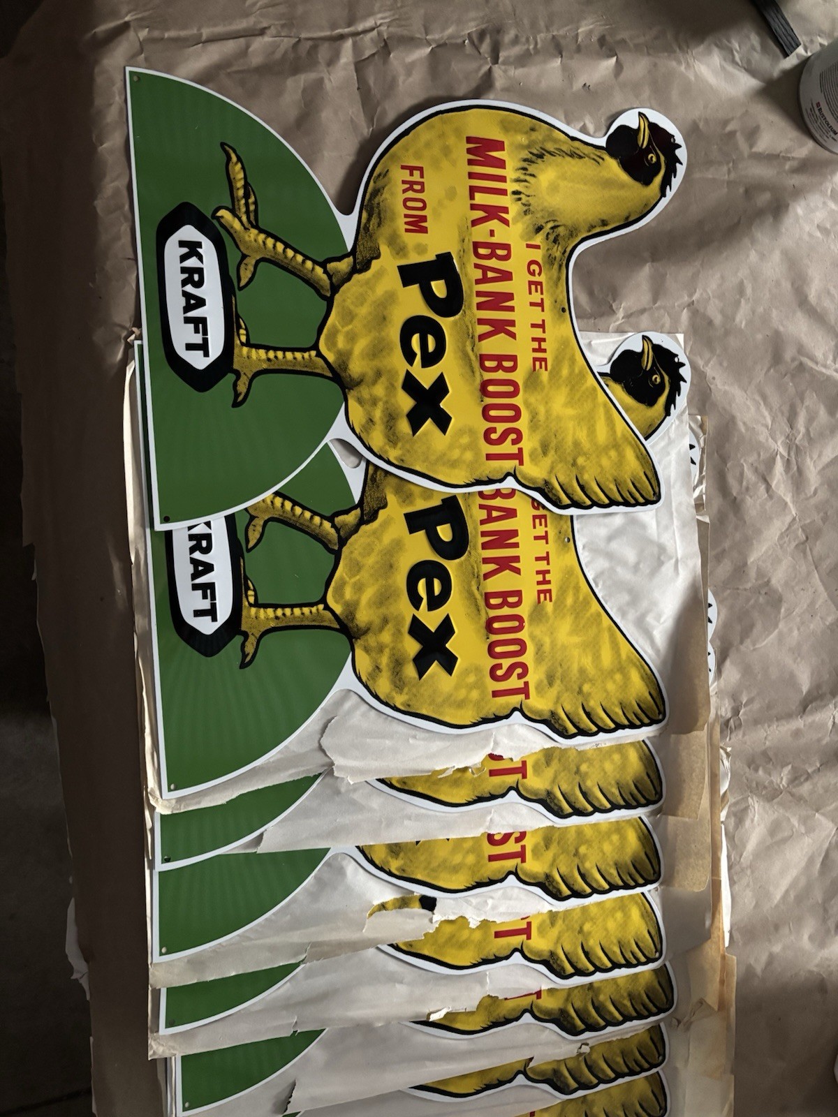 1950s Kraft Pex Chicken Feed Advertisement Tin Sign Milk Bank Boost Embossed 19″