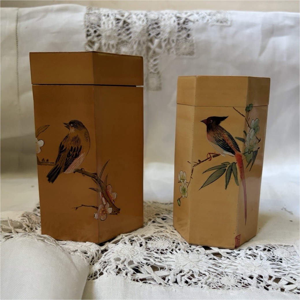 2 Vintage Chinese Hexagonal Tea Caddy Box Bird Blossom Faux Bamboo HND