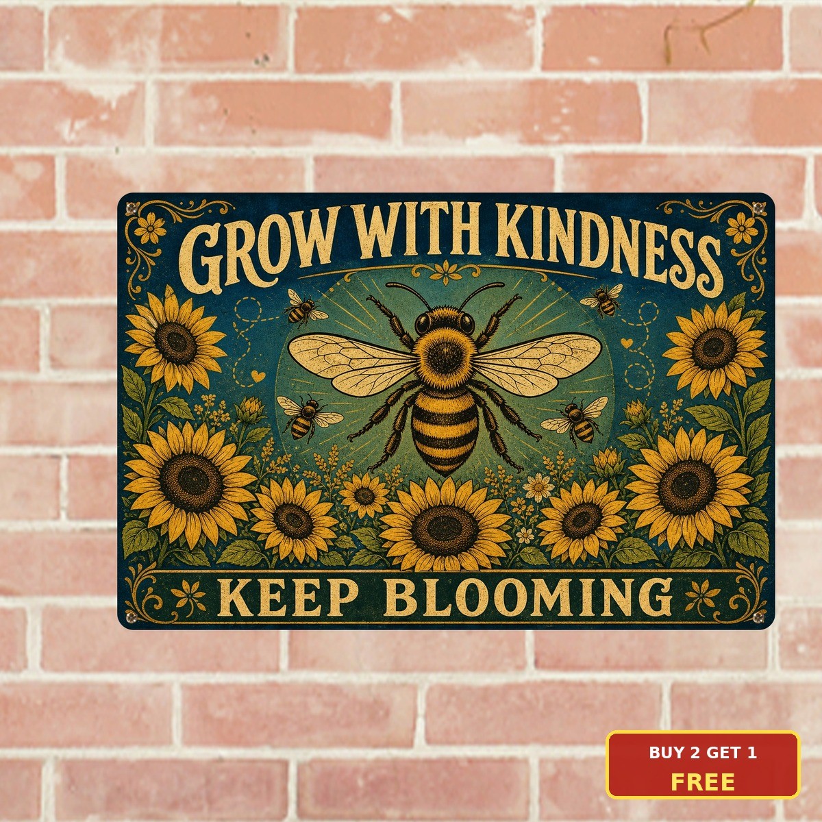 Bee Kind Inspirational Garden Sign Large Center Sunflower Metal Plaque