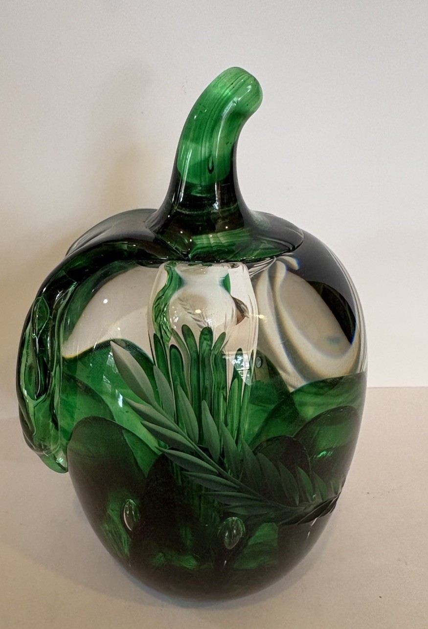Joe Rice Art Glass Green Apple Paperweight Art Fruit Etched Sculpture 3.75”