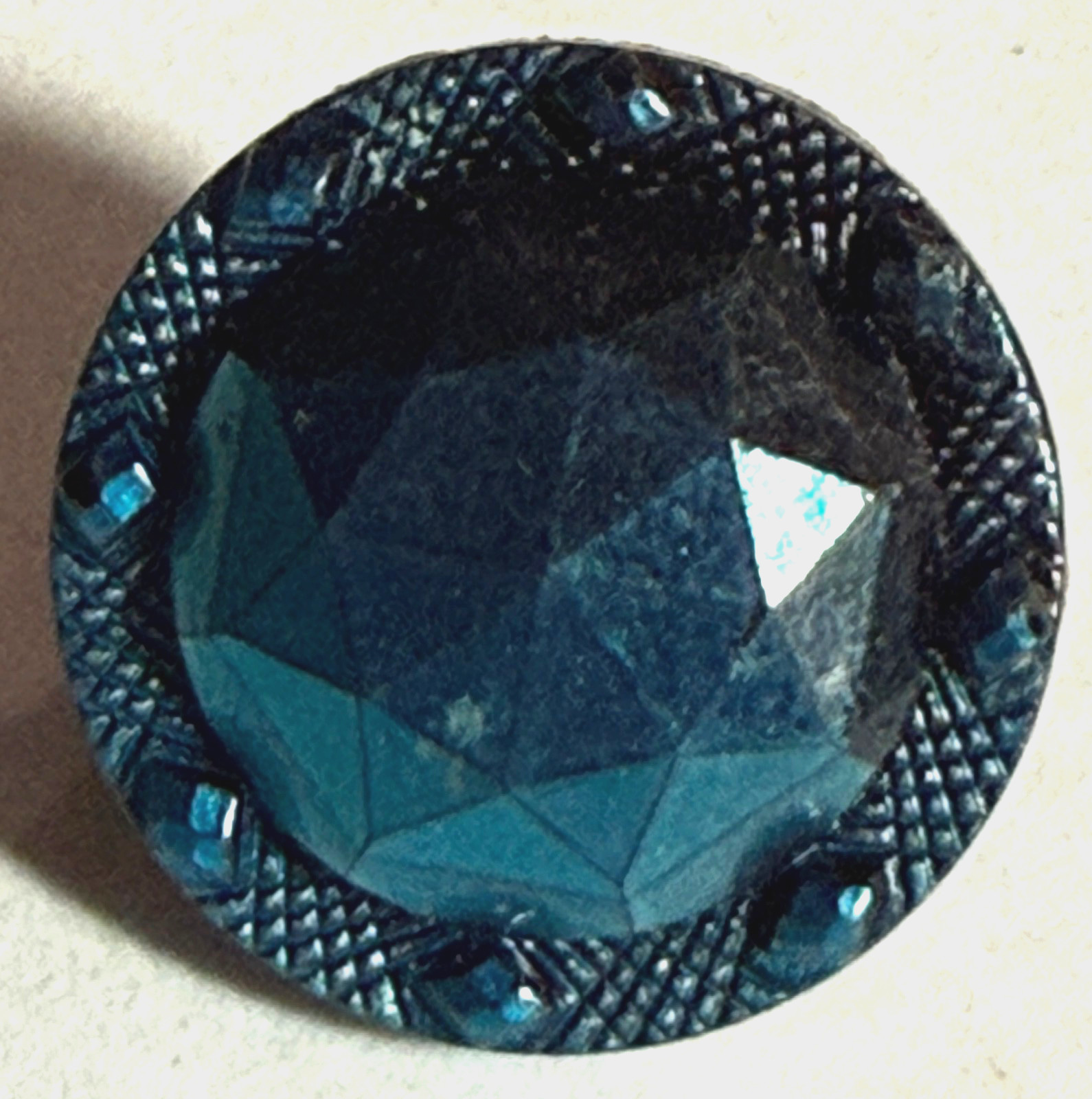 Vintage Antique Shank Blue Shiny Metal Look Geometric Button Approx. 1/2″