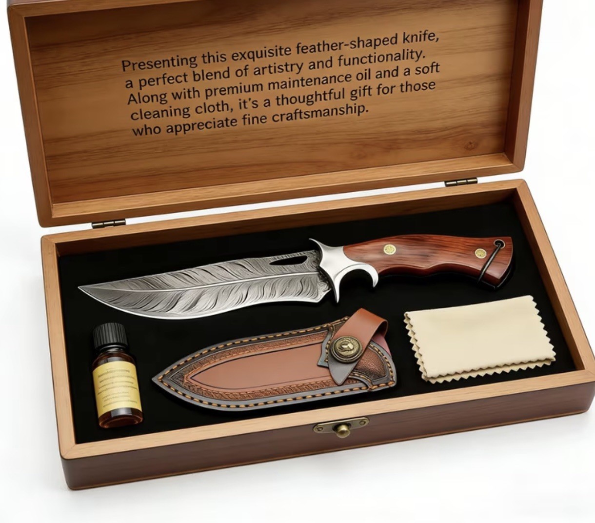 Damascus Steel Knife – Olive Wood Handle – Leather Sheath