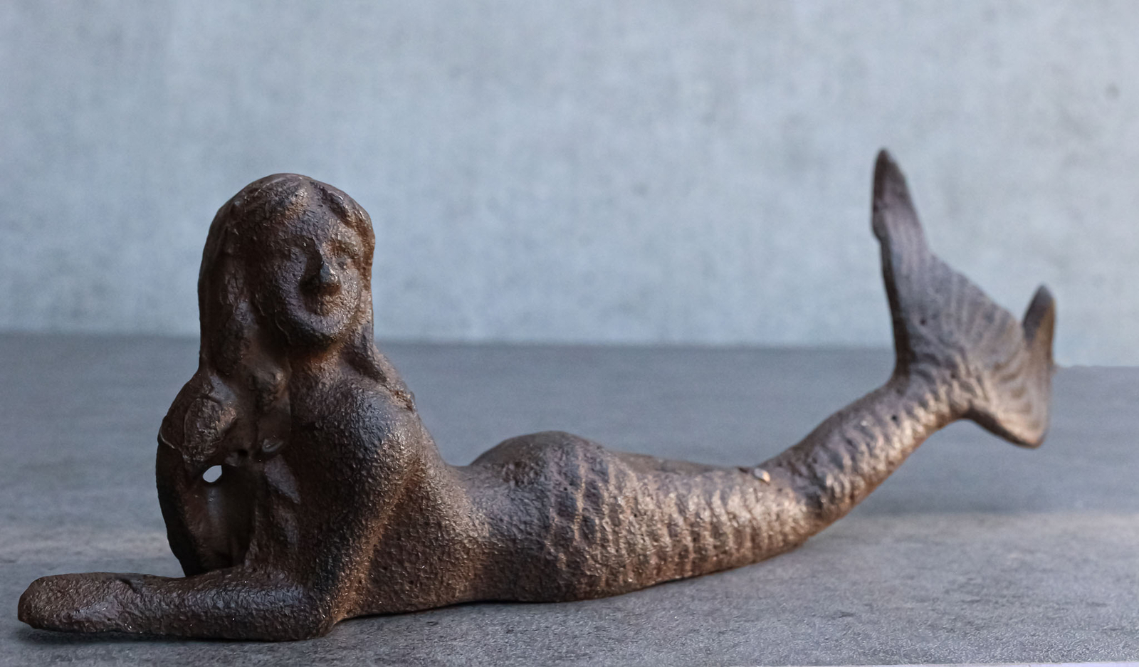 Rustic Cast Iron Nautical Siren Mermaid with Tail Stretched Out Statue 9.5″L