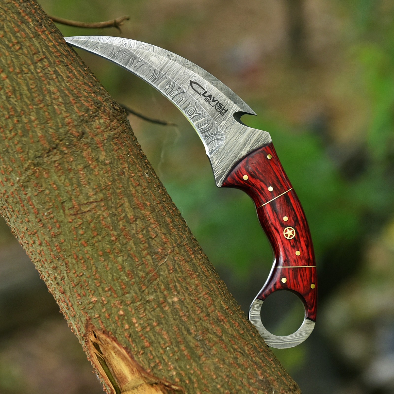 Handcrafted Damascus Karambit Knife Red Wood Hunting Survival Custom Sheath