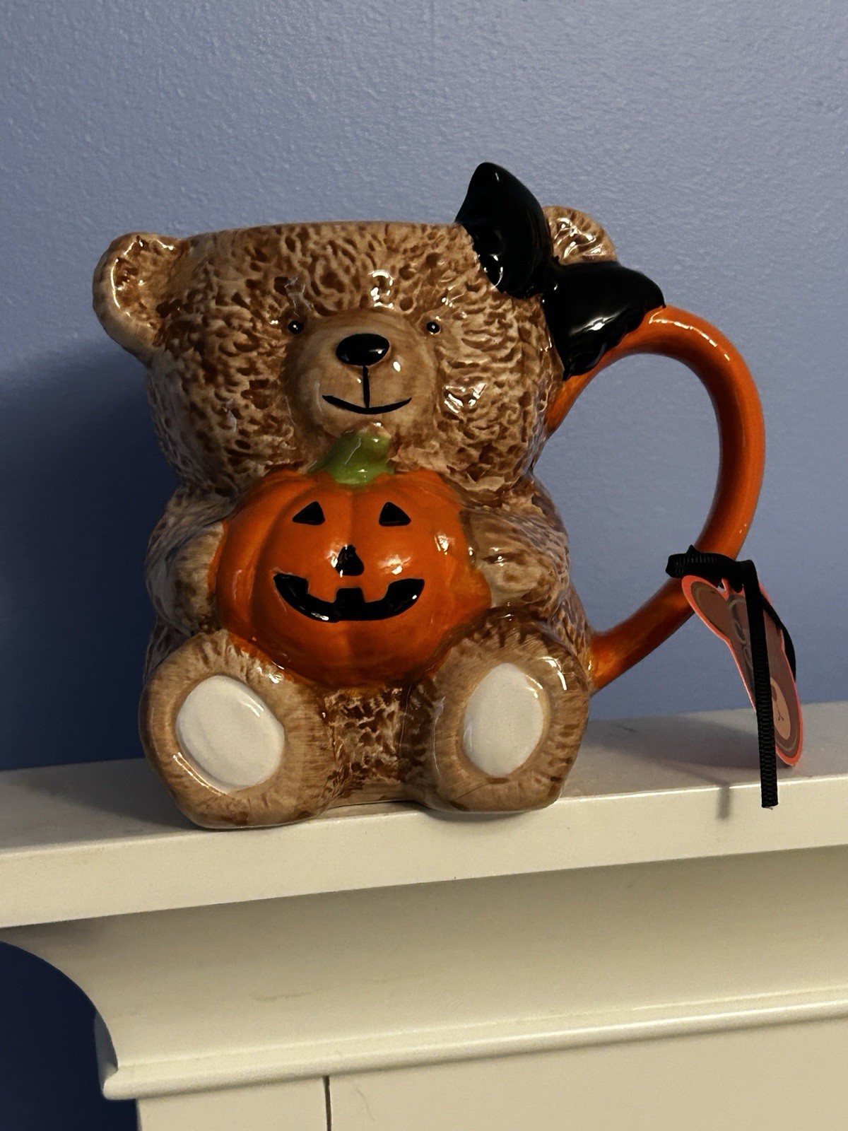 Halloween Teddy Bear pumpkin, black bow mug. So cute! It’s new.