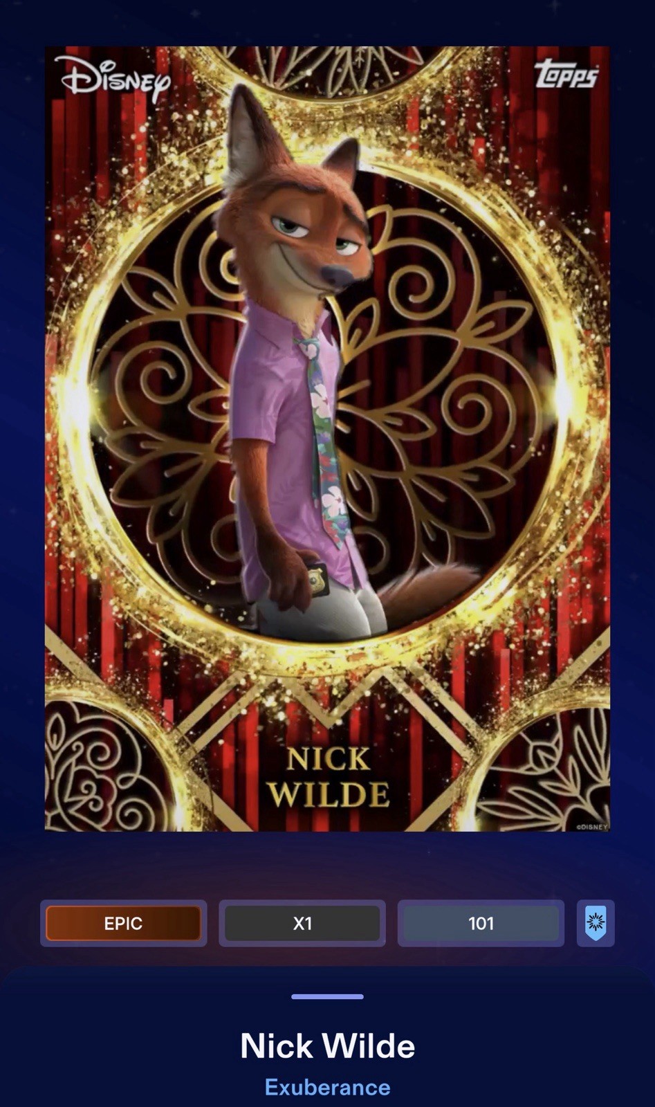 DIGITAL 2026 Topps Disney Exuberance Nick Wilde Red Motion Epic /101