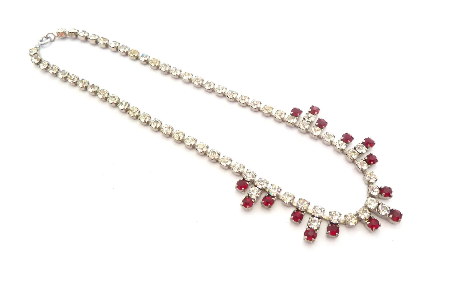 Estate Red Ruby & Diamond 18K White Gold Over Geometric Drop Choker 16″ Necklace