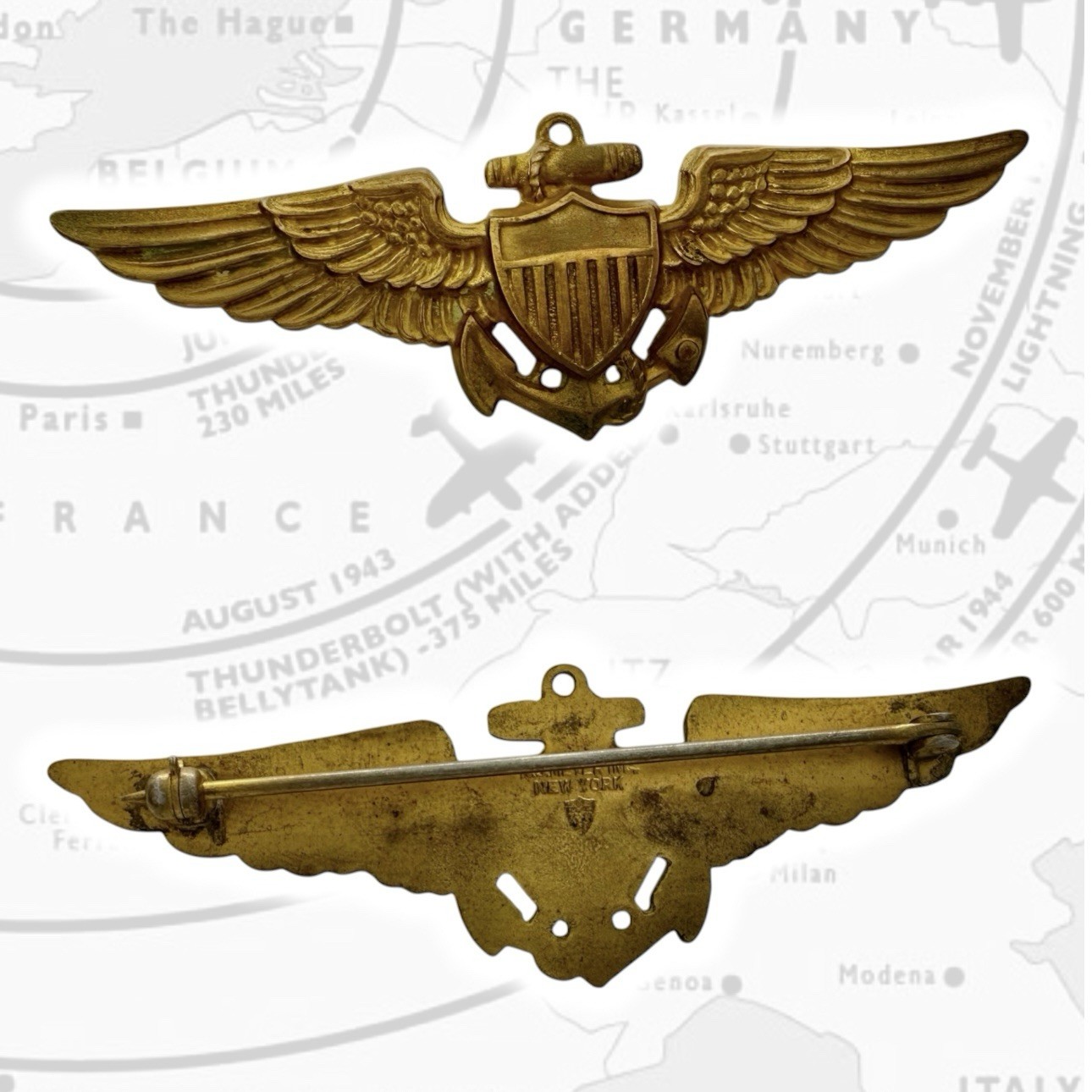 WWII NAVY AVIATOR WINGS 2-3/4” SIZE PILOT BADGE N.S. MEYER INC. NEW YORK #104