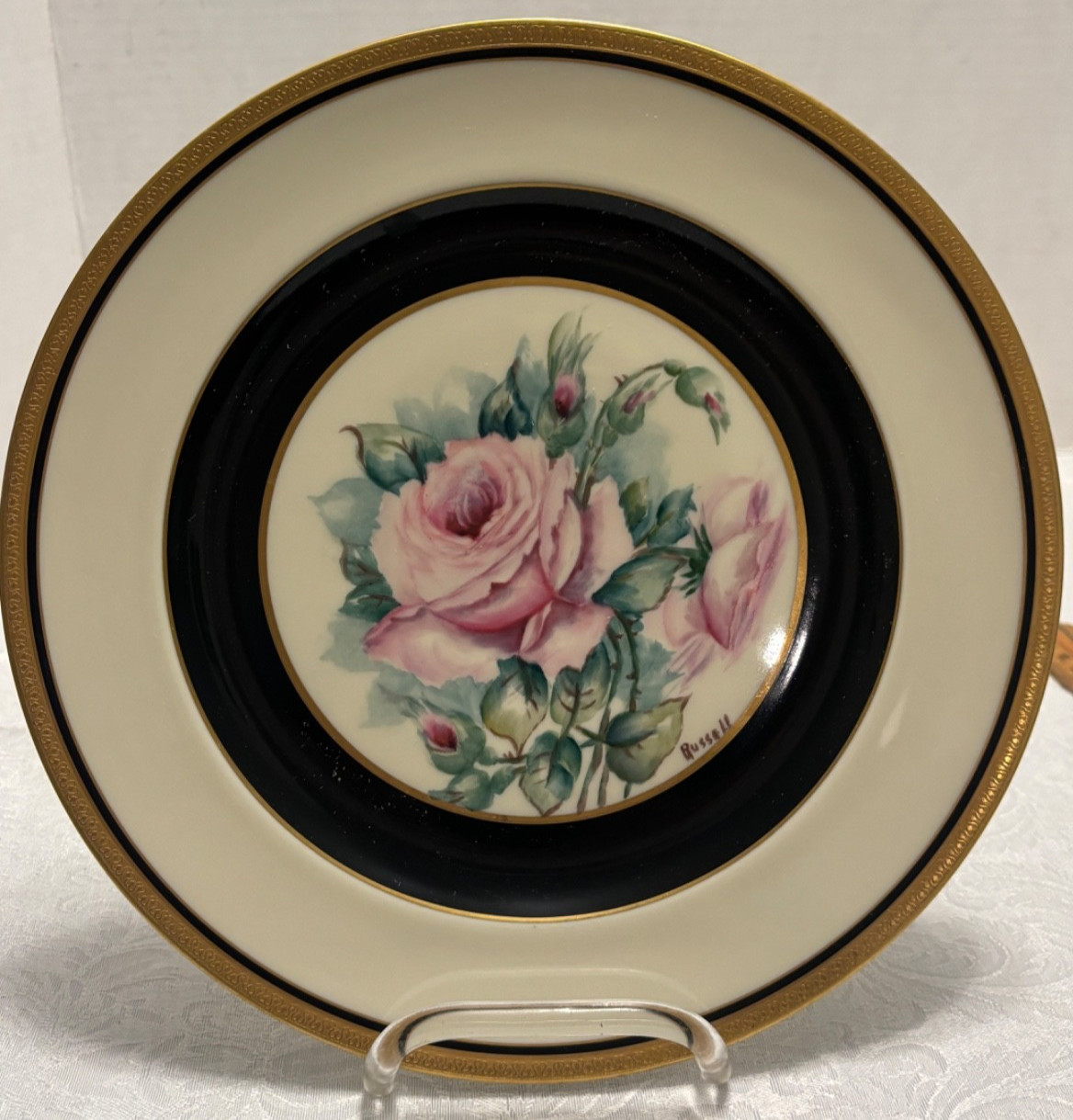 Artist Signed CABINET PLATE Pink Cabbage Rose Bavaria Hand Painted 10″ Gold Trim
