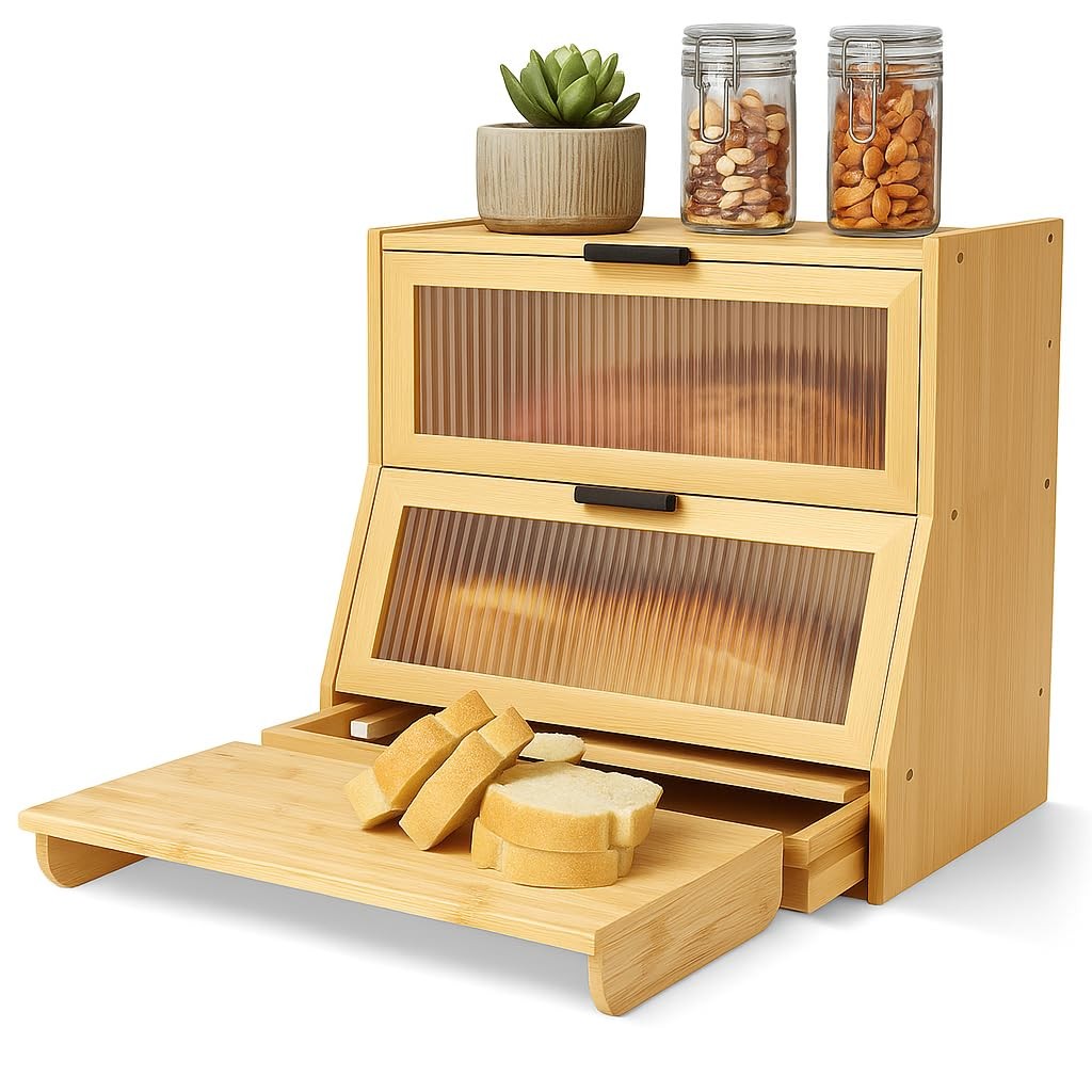 HOMIQ Bread Box for Kitchen Countertop – Bamboo Wood Breadbox with Knife Stor…