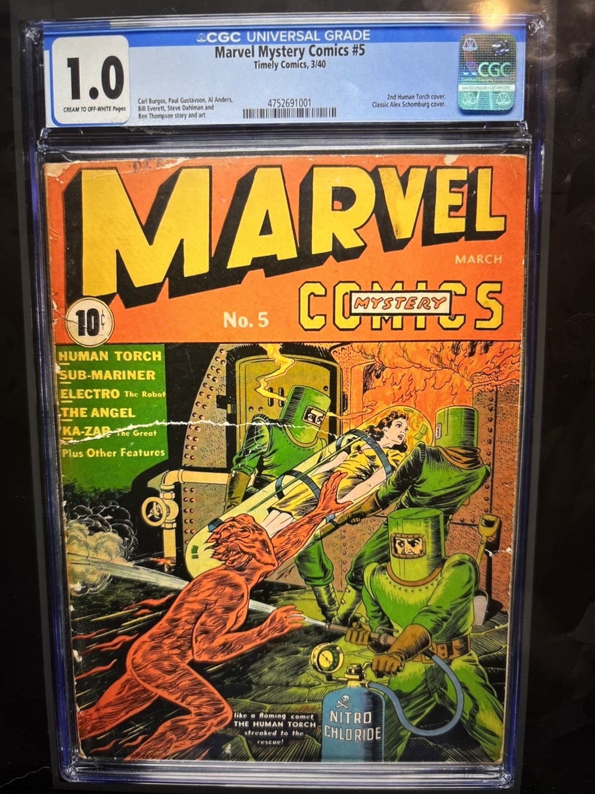 MARVEL MYSTERY COMICS 5 SCHOMBURG Torch CGC 1.0 Cream to Off White! Timely 1940