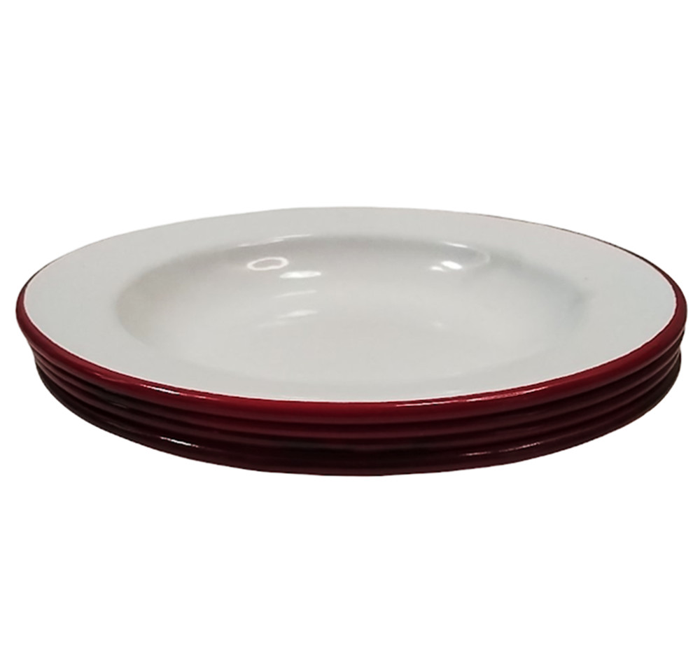 4-Vintage/Rustic 8″ White with Red Trim Enamelware Steel Salad Plates