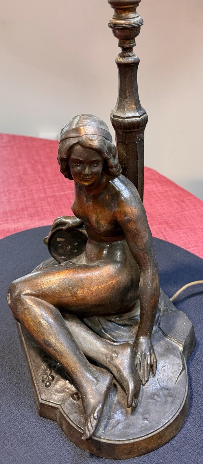 Antique Deco Bronze NUDE Woman W Tambourine Lamp Table Light RARE MCM VINTAGE