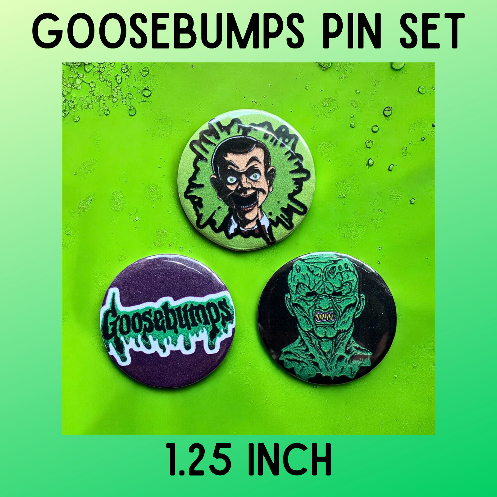 Goosebumps pin set! The Haunted Mask and Slappy 1.25 in Pin-Back Buttons!