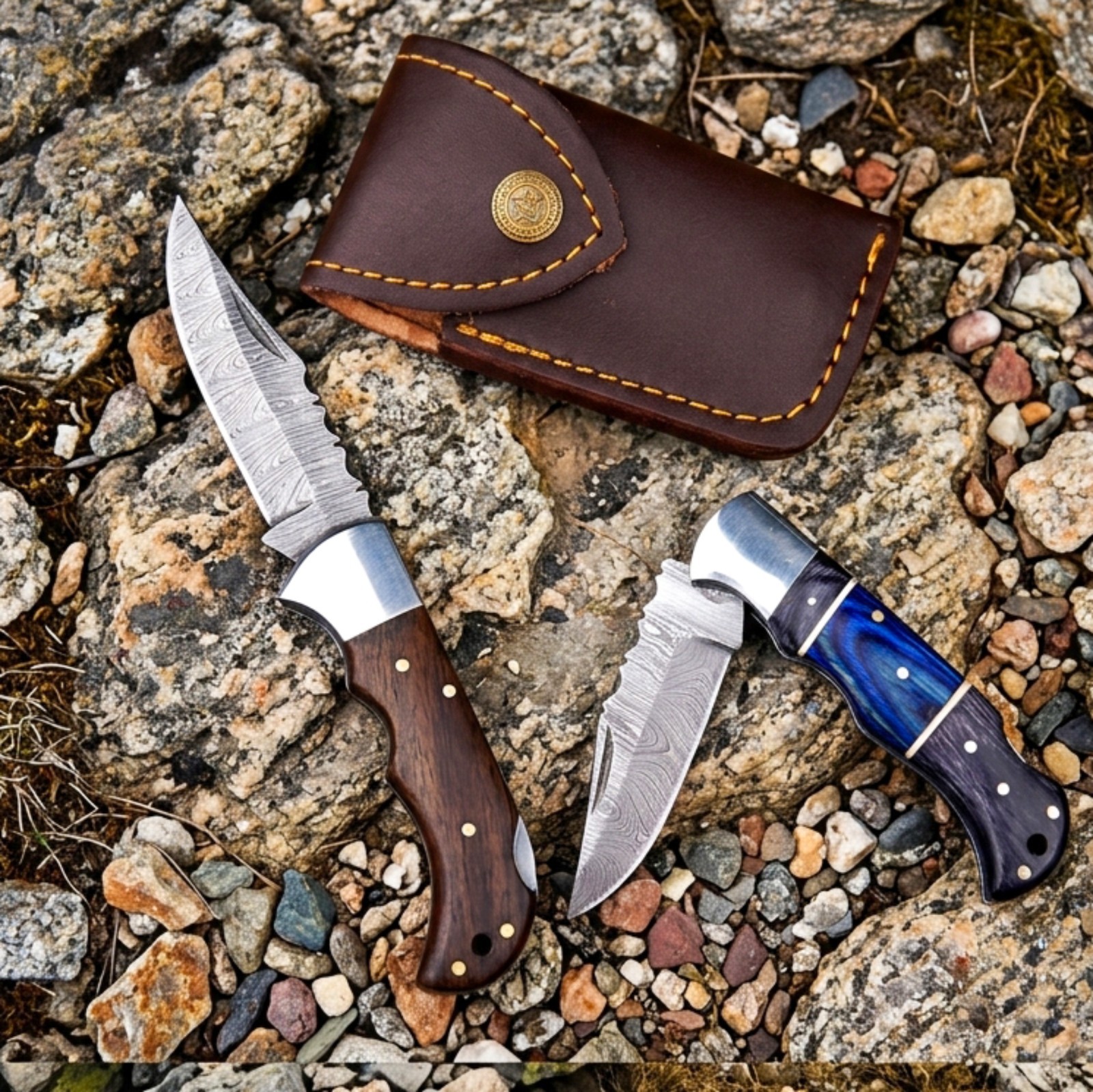 Handmade Damascus Folding Knife Set – Wooden Handle Pocket Knives