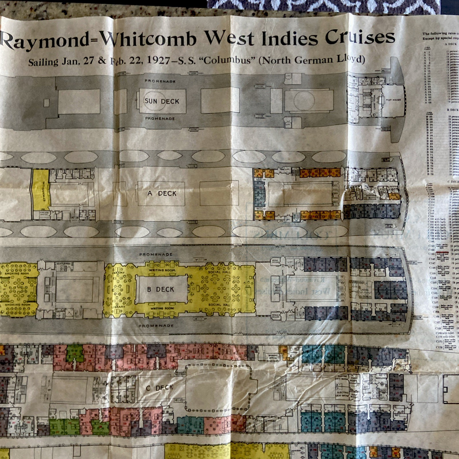 Antique Large 36”x48” Deck Plan SS Columbus Ocean Liner Steamship Diagram RARE