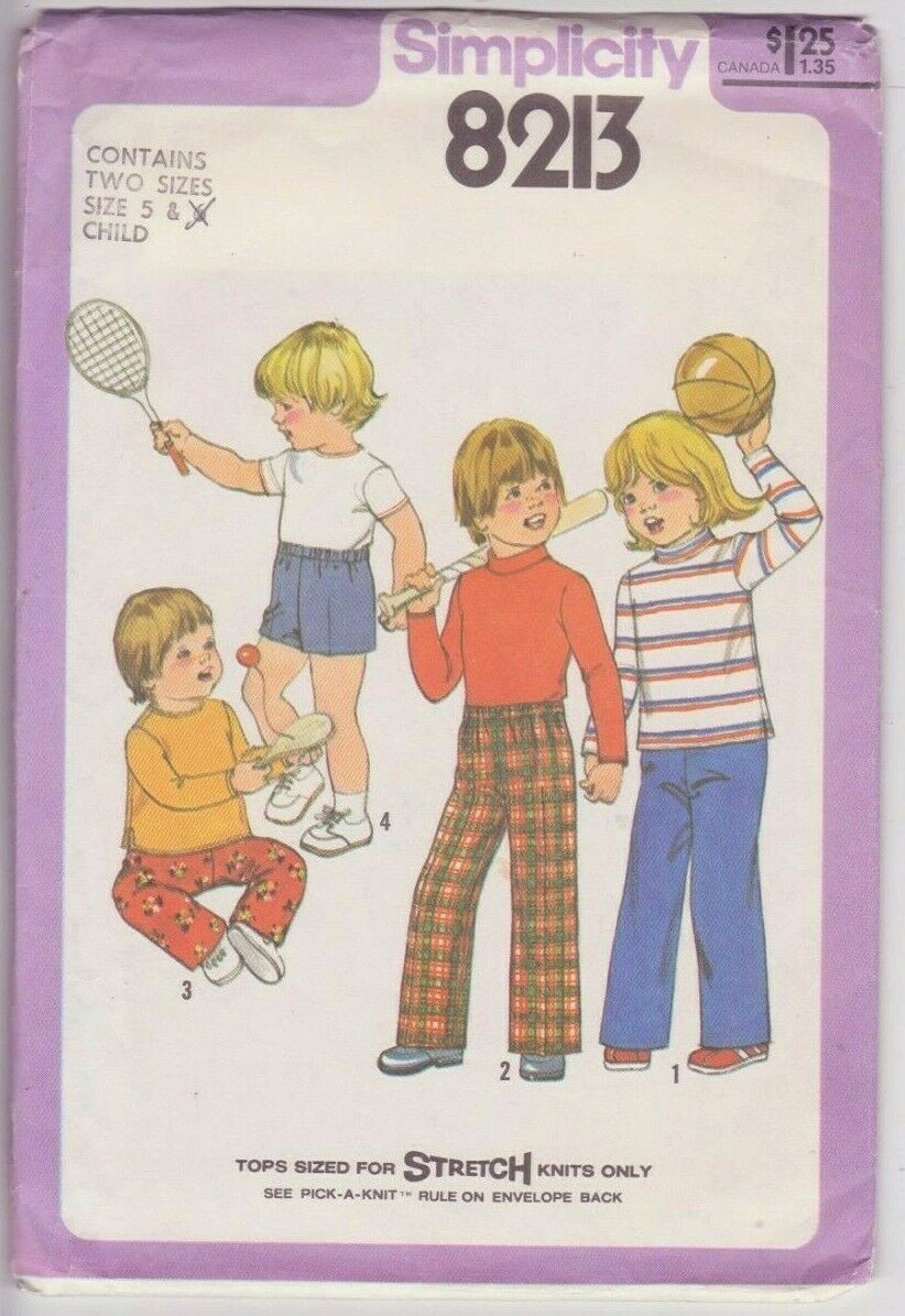 8213 SIMPLICITY c.1977 – Knit TOP PANTS & SHORTS – UNISEX Child Sz 5