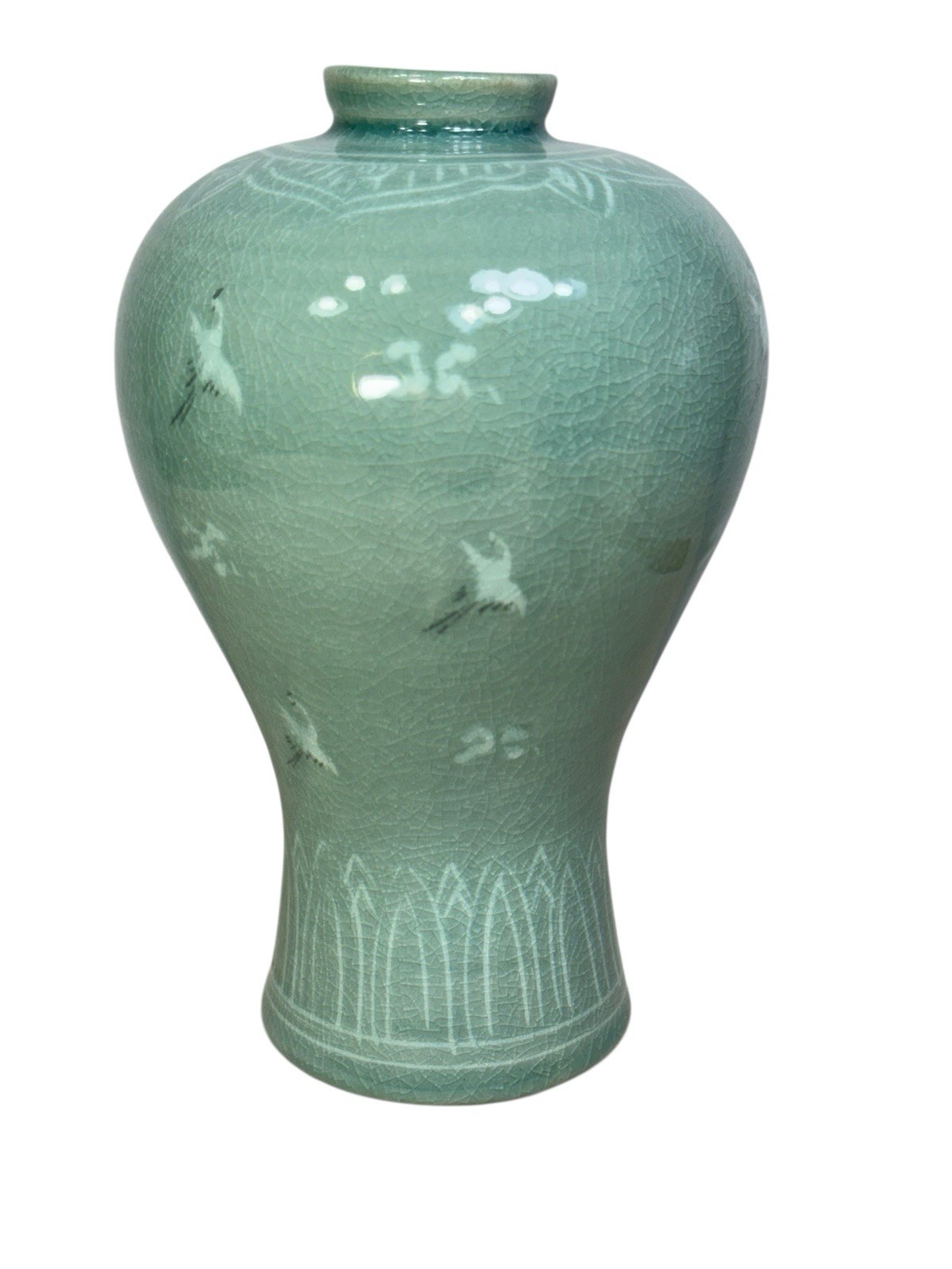 Vintage Ceramic Celadon Glaze Vase Inlaid Clouds & Cranes Pattern 8.75 inches