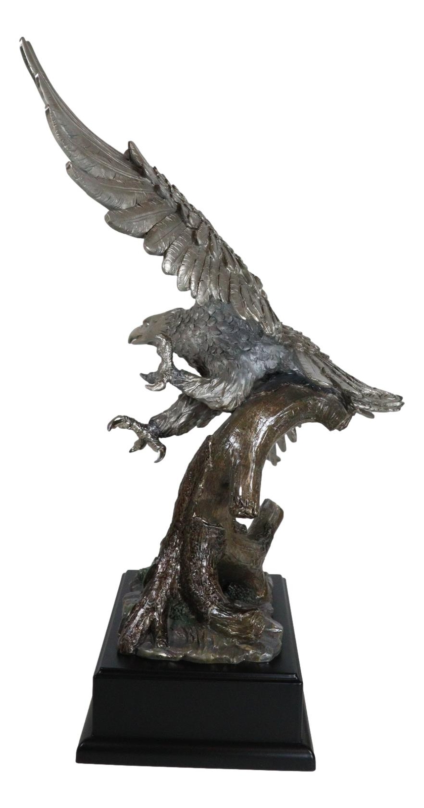 Electroplated Pewter Silver Bald Eagle With Open Wings Soaring Over Tree Statue