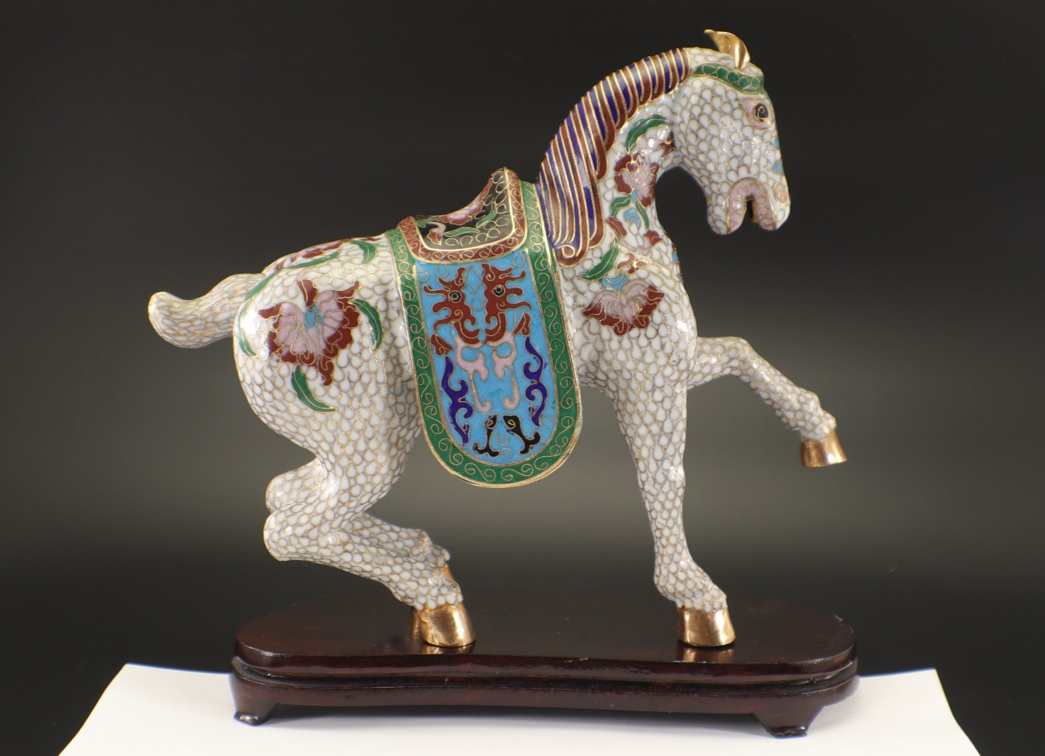 Cloisonne HORSE Sculpture Figurine White with Colorful Enamal Flowers Wood Base