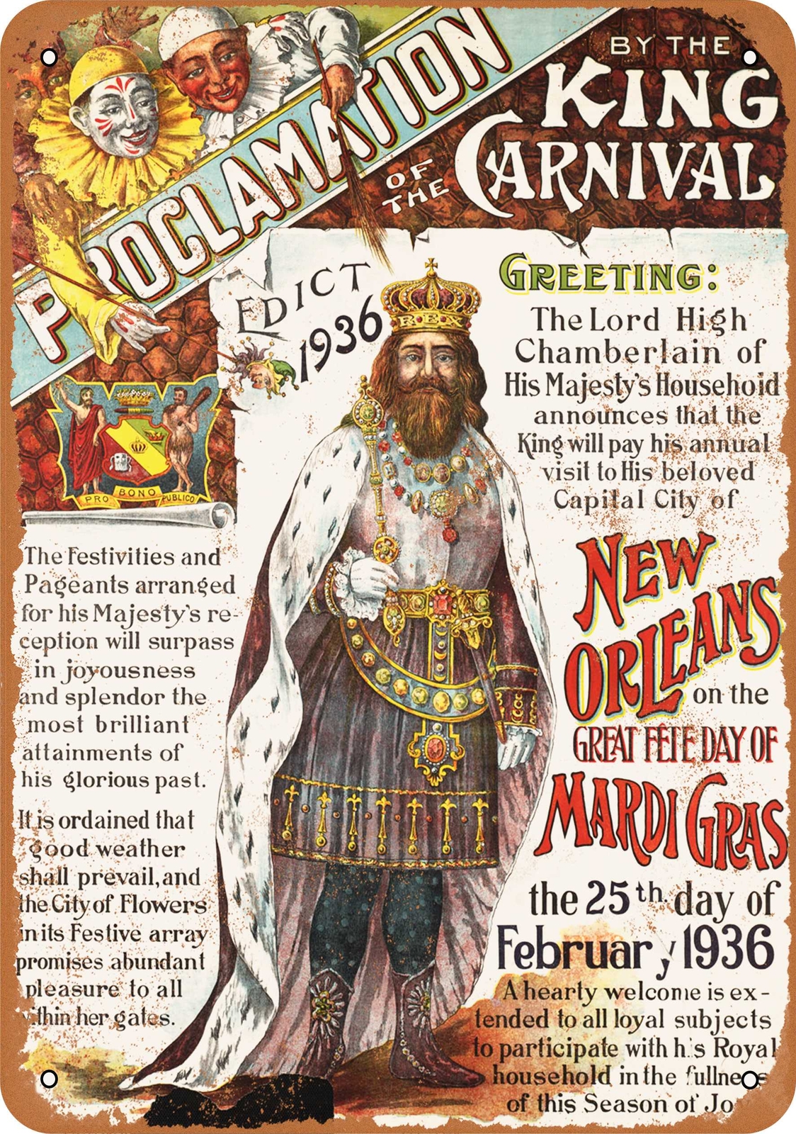 METAL SIGN – 1936 Mardi Gras New Orleans – Vintage Look Reproduction