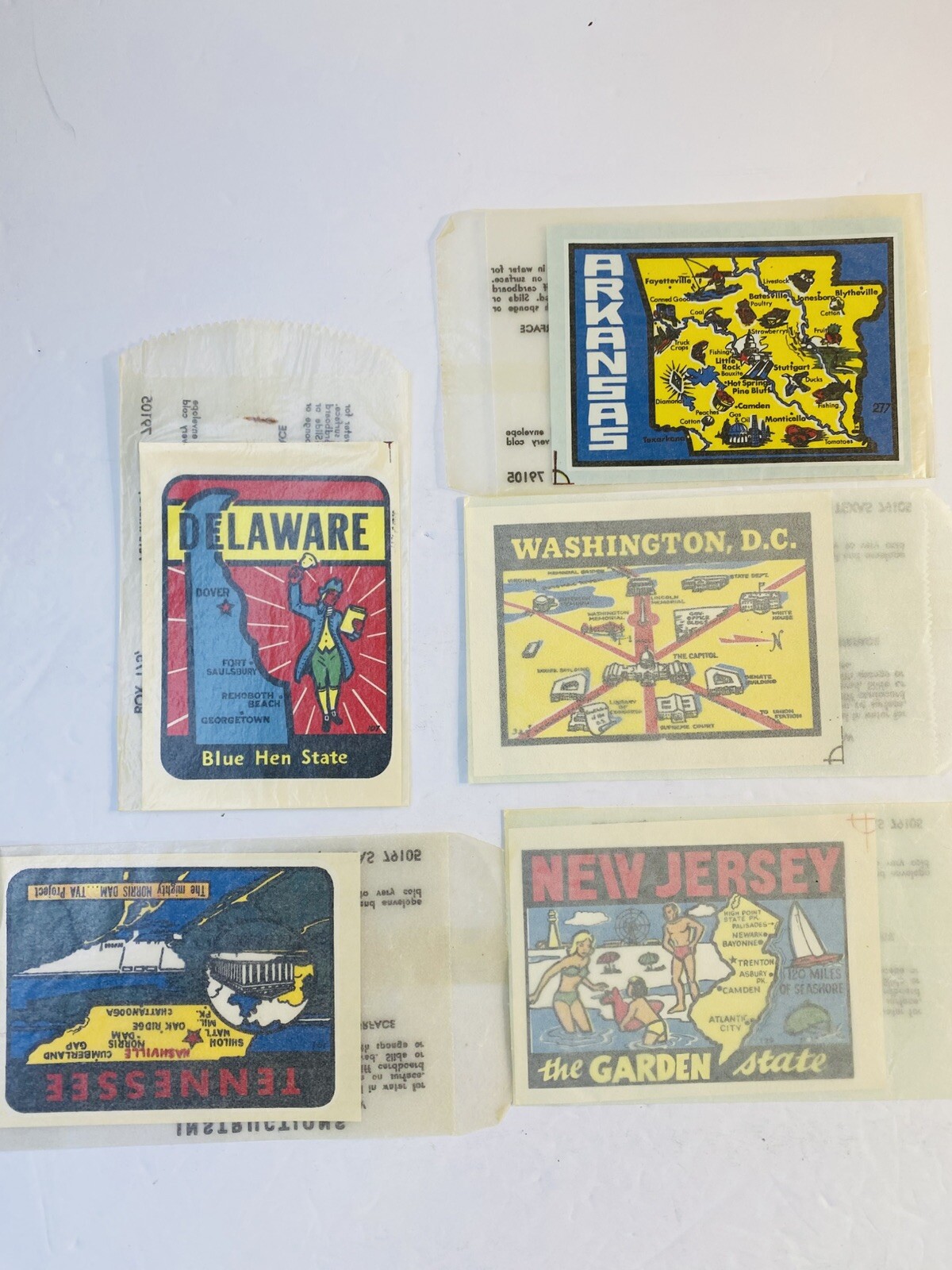 1960s Water slide Window Stickers State Of DC NJ TN AR DE Lot of 5 Unused NOS