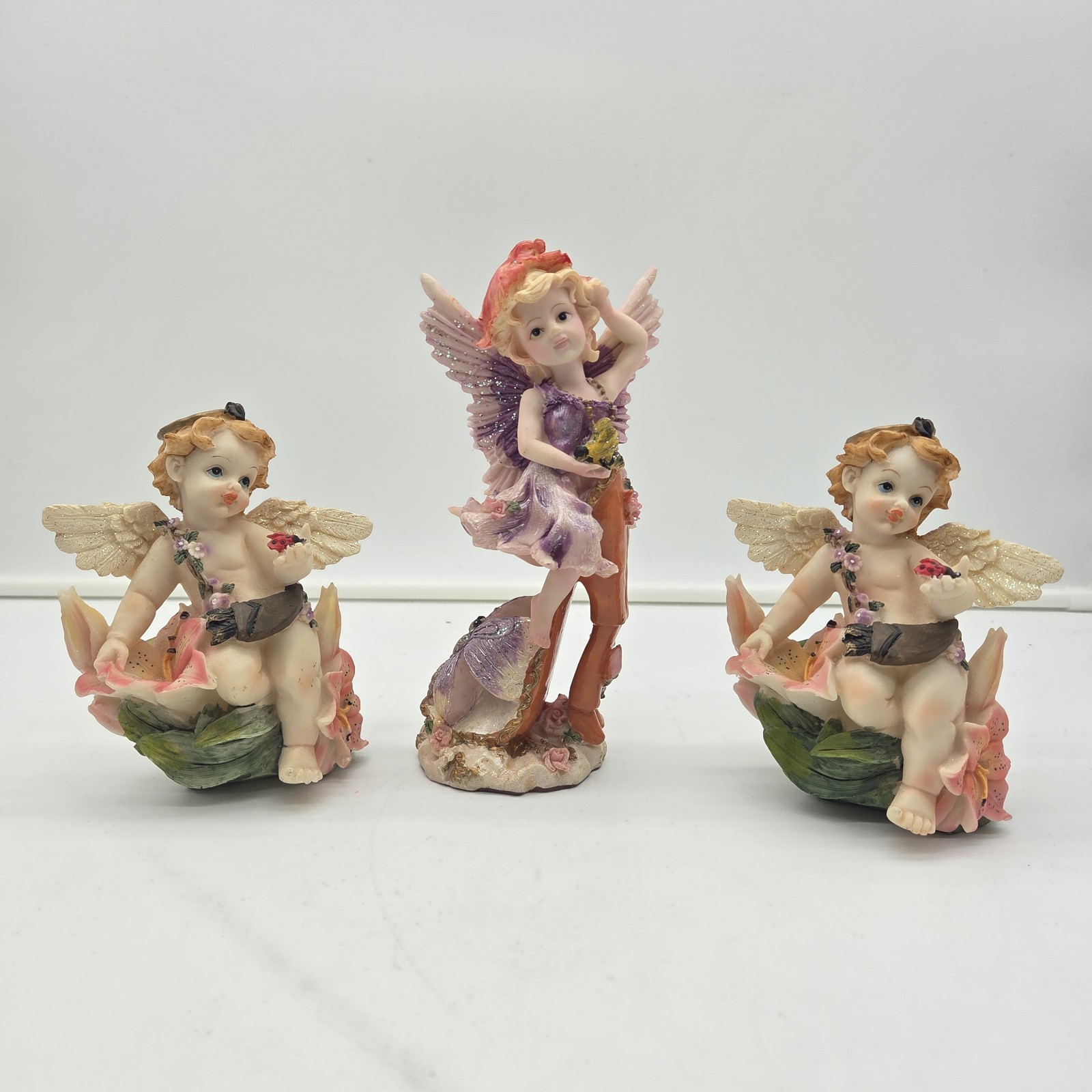 Vintage Resin Fairy Cherub Figurine Set 8” Angel Glitter Wings – Item S-01333