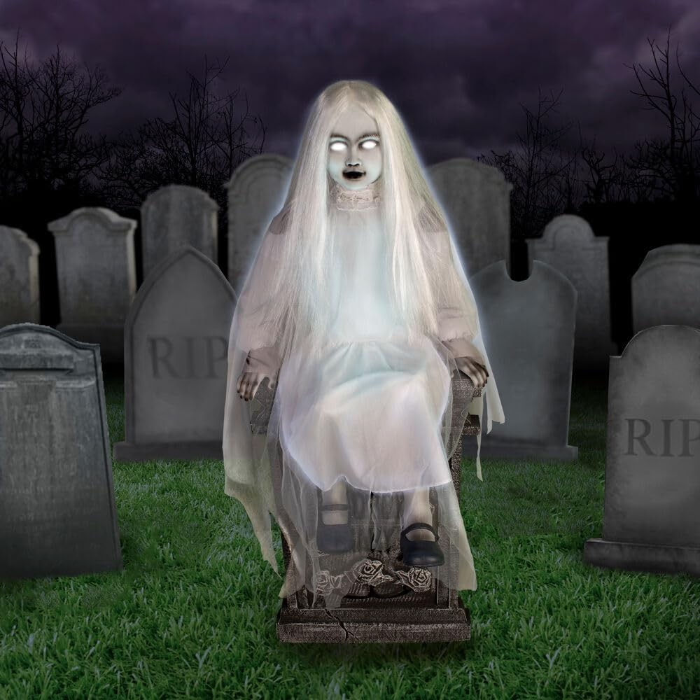 4 Ft . Motion-Activated Sitting Tombstone Girl Premium Talking Halloween Décor