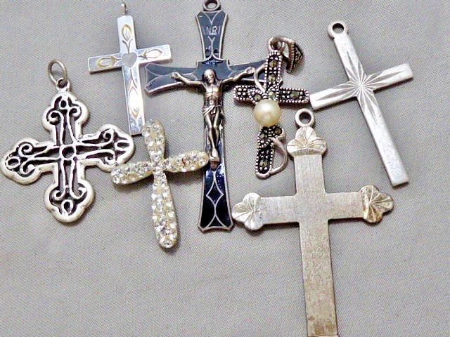 (7) VINTAGE STERLING SILVER RELIGIOUS CROSS PENDANTS OR CHARMS STAMPED STERLING
