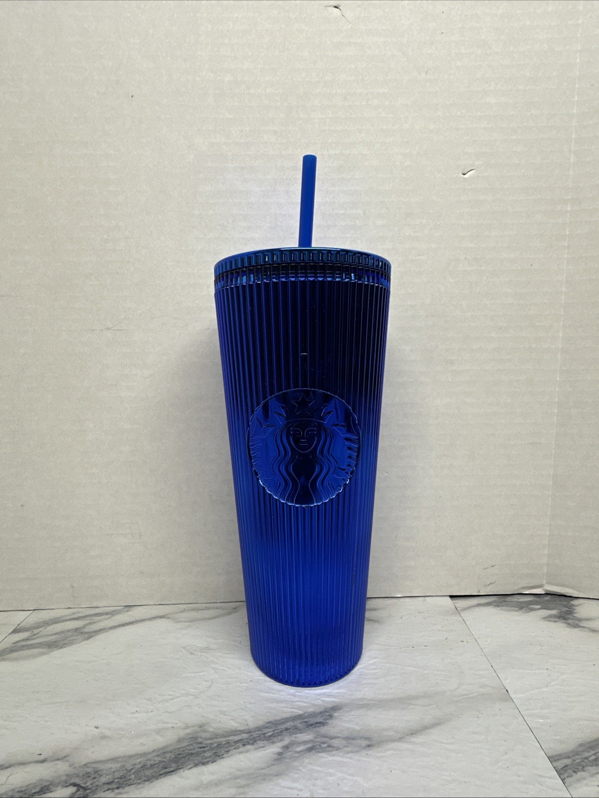 Starbucks Sapphire Blue Pleated Venti Tumbler Metallic Cold Cup Lid Straw 2024