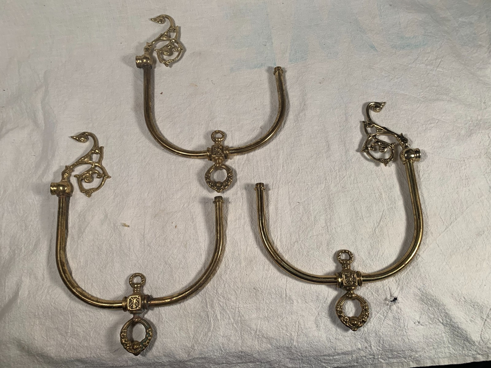 Vintage set of 3 Brass Curved Electric-Gas Fixture Arms with Armbacks & Gas-keys