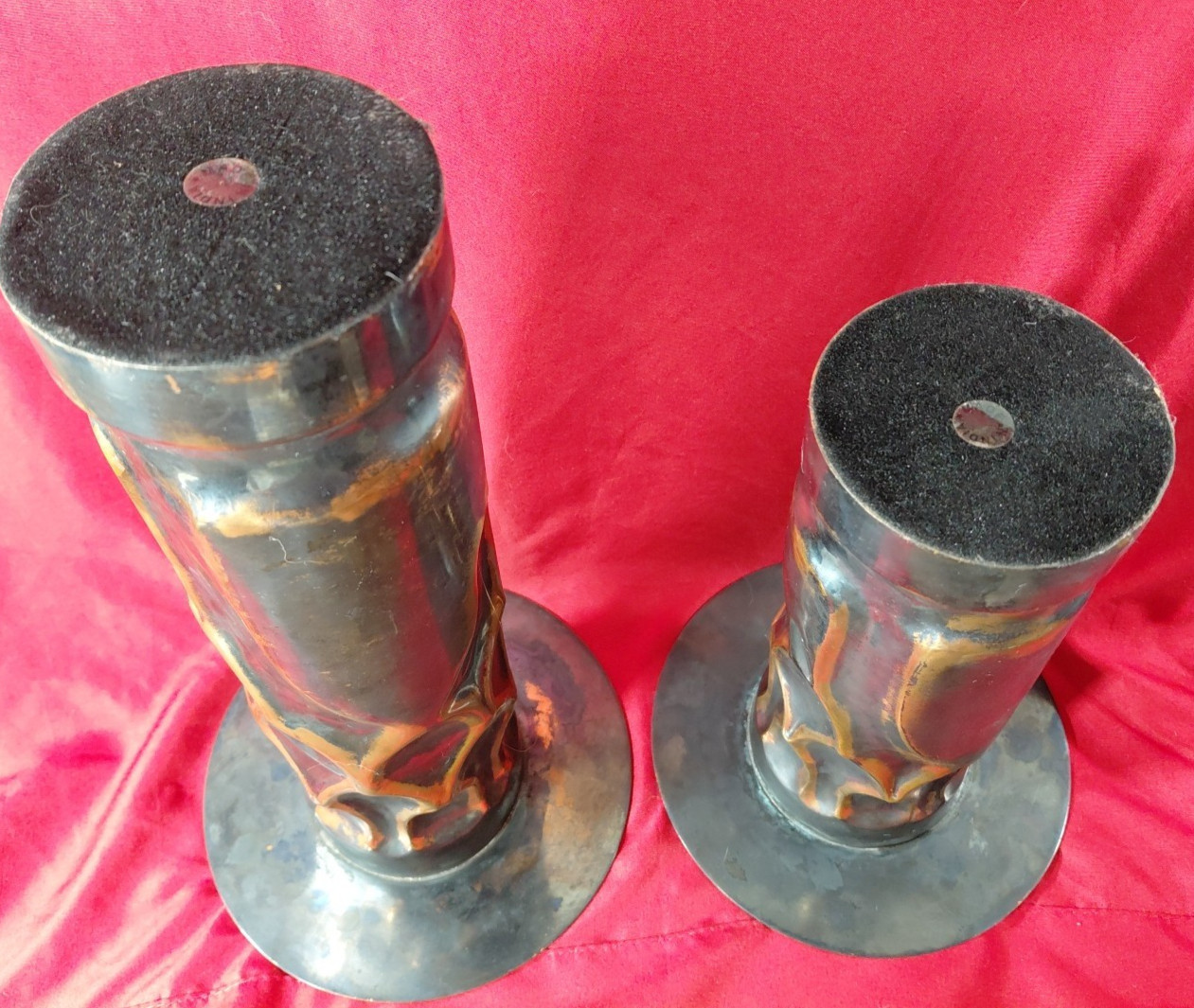 Pair Pillar Candle Holder Mixed Materials Copper Metal & More 9″ & 12″