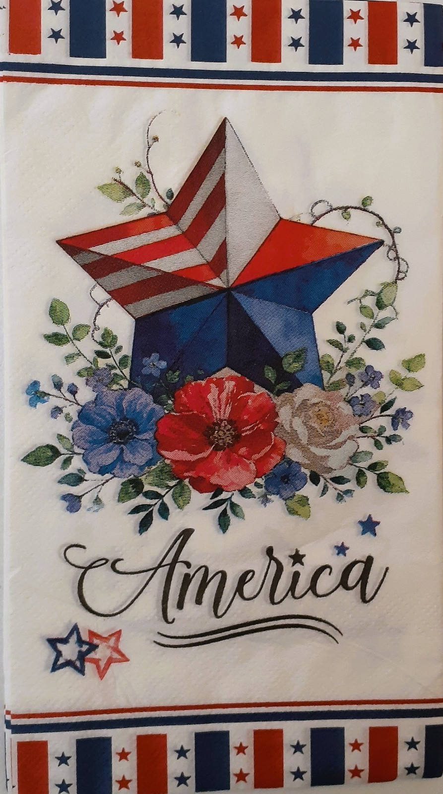 2 individual Paper Decoupage NAPKINS TOWELS – PATRIOTIC STAR FLOWERS RED WHITE B