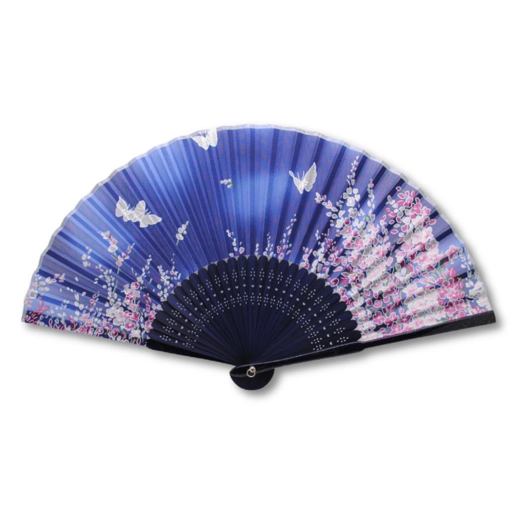 SILK HAND FAN 8″ Blue Butterfly Garden High Quality Folding Pocket Purse NEW