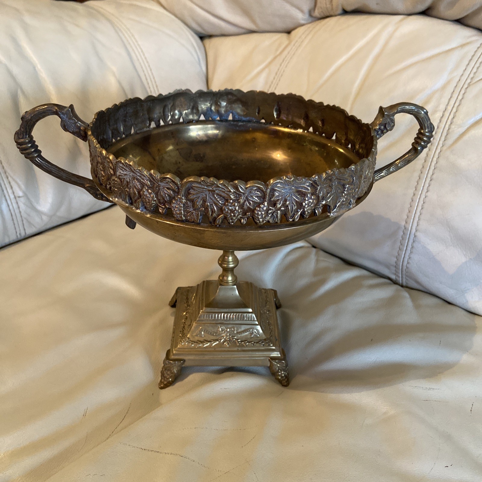 vintage Hosley solid brass pedestal bowl featuring a grapevine motif
