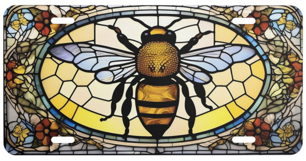 NEW Stained Glass Style Honey Bee License Plate Tag – Aluminum 6×12 Vanity