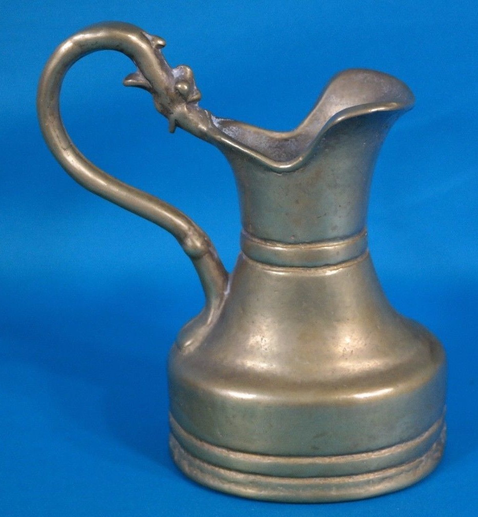 Antique German Heavy Solid Brass Pitcher w/Decorated Handle