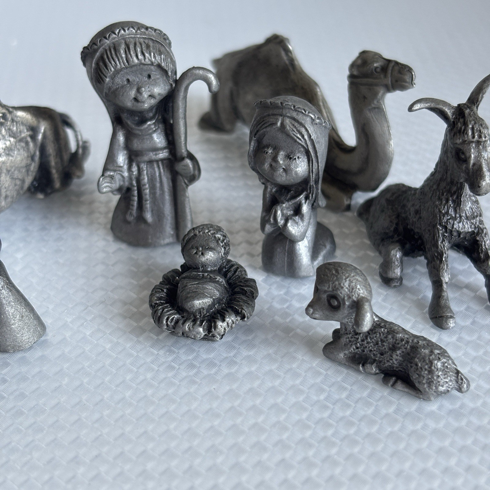 Vintage Mini Pewter Nativity Set 8 Pc Mary Joseph Jesus Camel Donkey Lamb