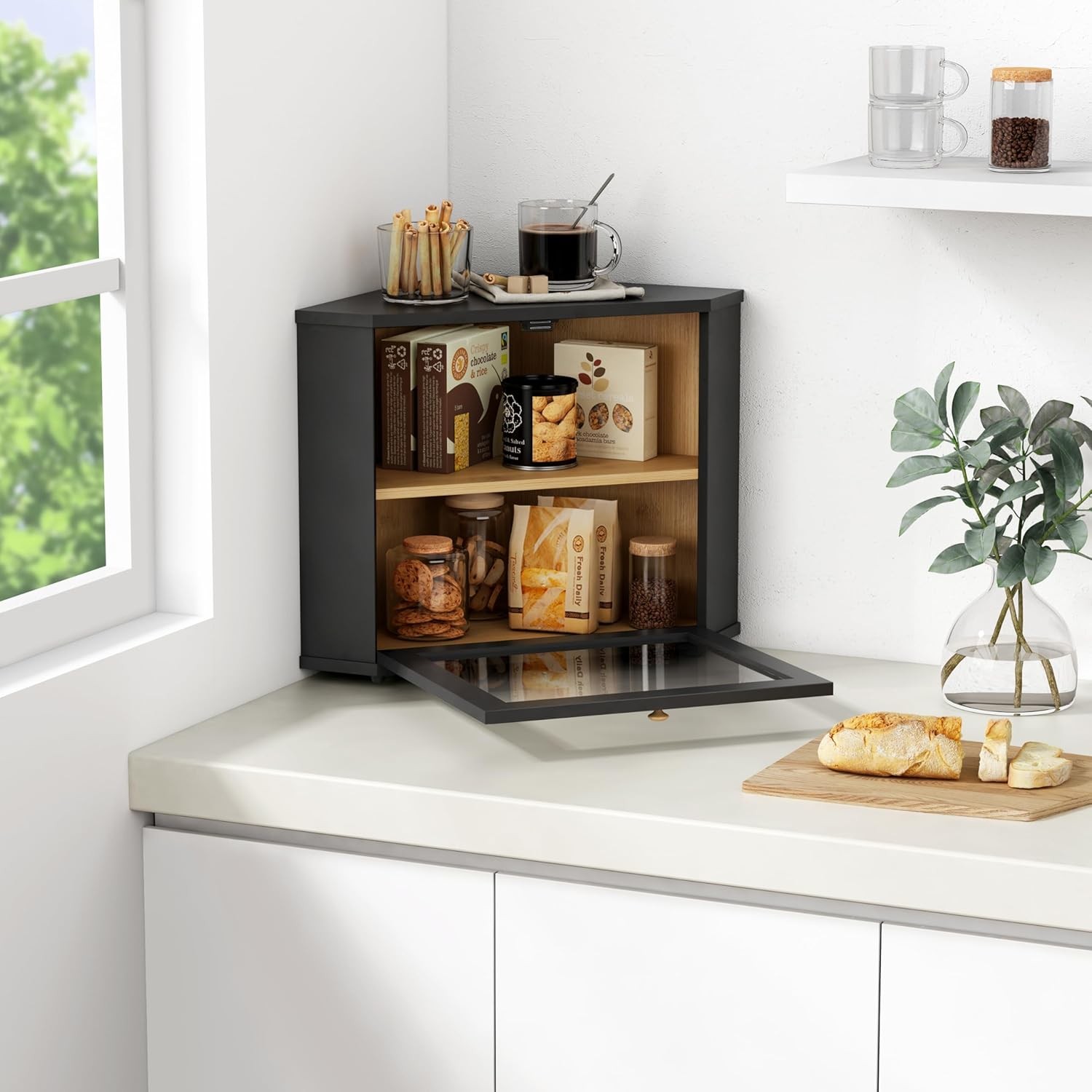 Kitchen countertop corner bread box, pantry shelf