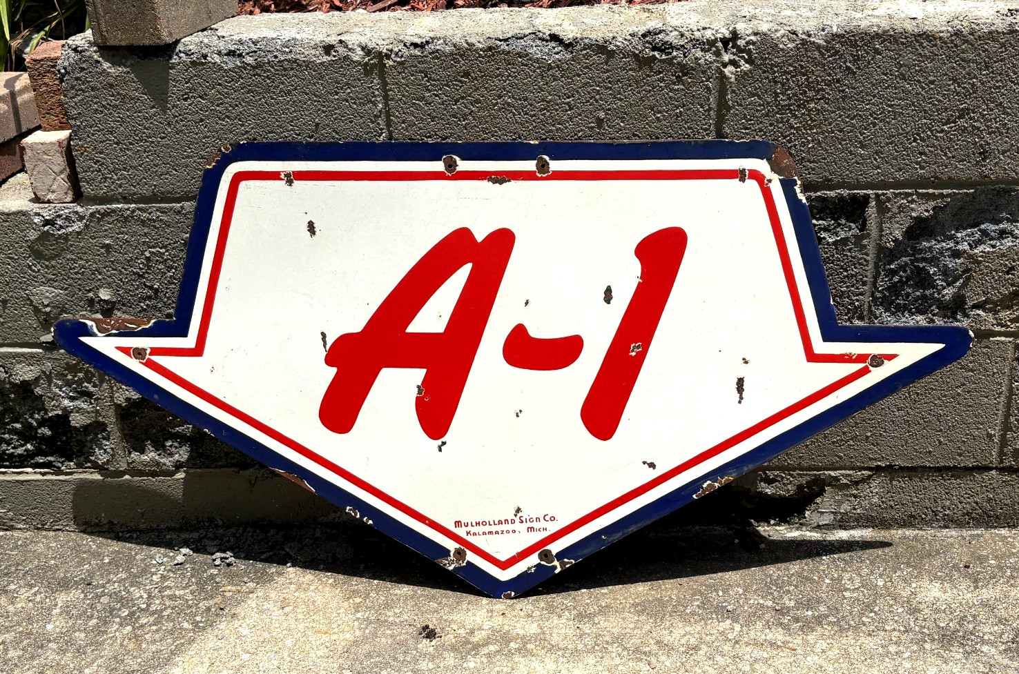 ORIGINAL 1950’s “FORD A-1″ DOUBLE SIDED PORCELAIN DEALER SIGN, (46″x 24”) NICE