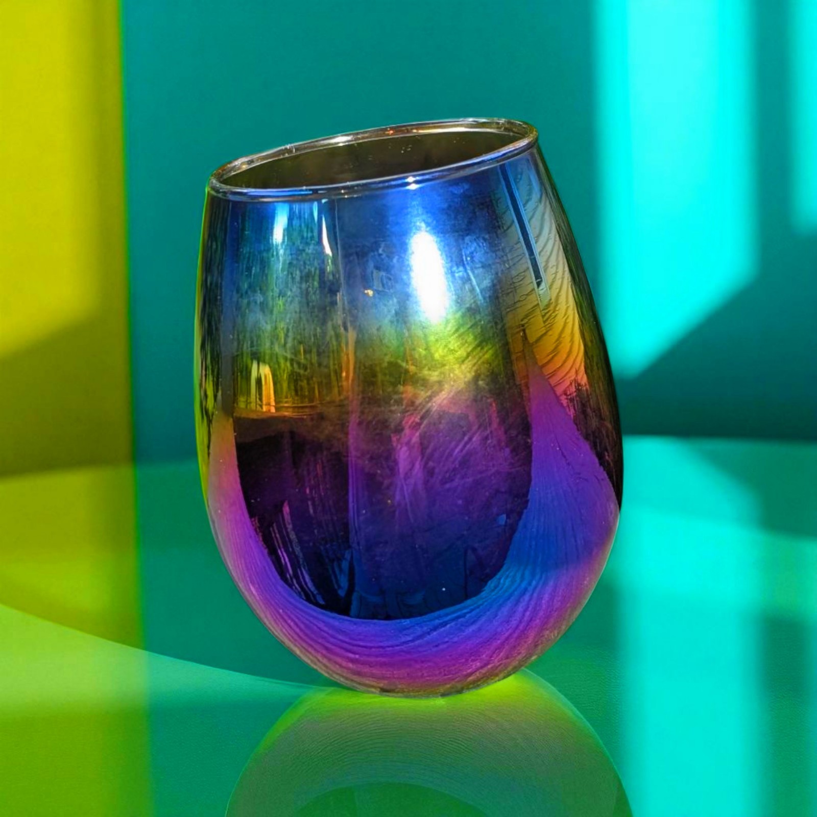 TMD Holdings IRIDESCENT Stemless Gem RAINBOW Color Wine Glass 16 Ounces NEW