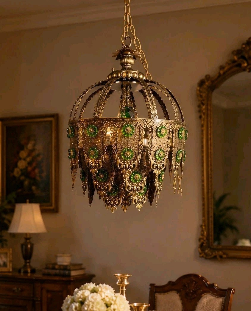 Vintage Hollywood Regency Green Jewel Swag Lamp Hanging Filigree Chandelier