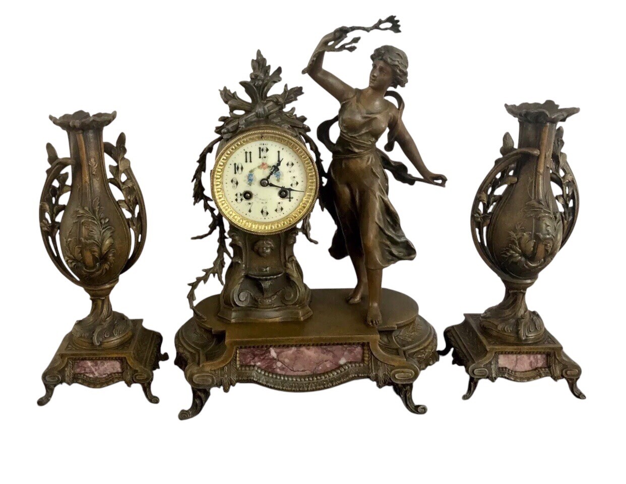 Antique French Spelter/Bronze & Marble Mantel Clock With Garnitures