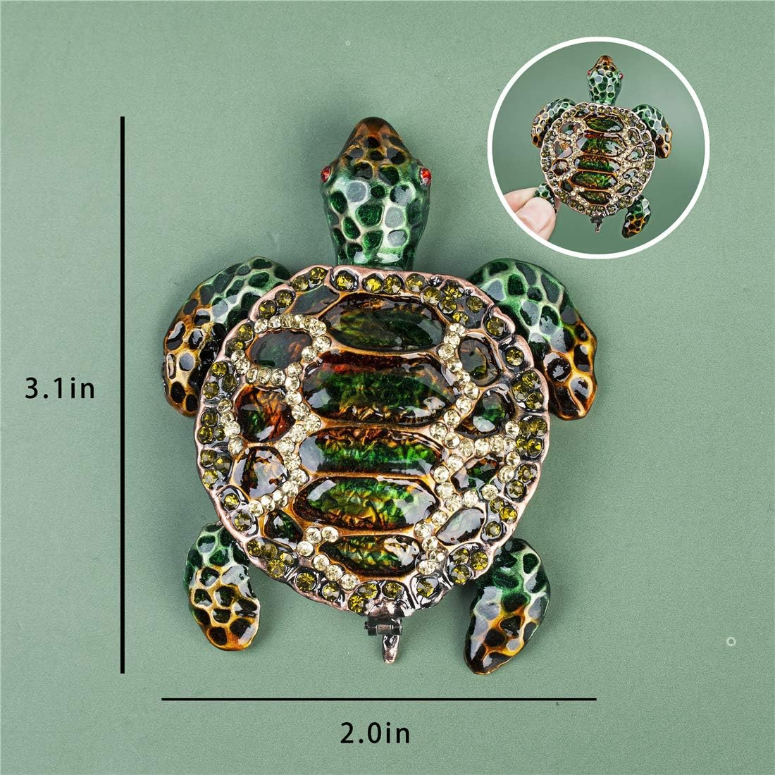 Small Turtle Trinket Jewelry Box Hinged Rhinestones Jeweled Painted Enameled Sea