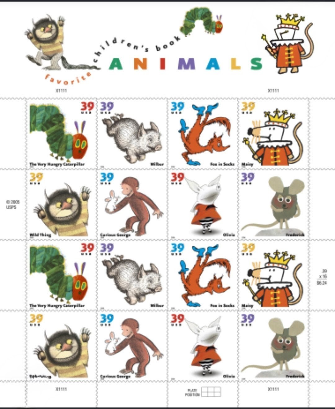 2006 Favorite Children’s Book Animals 39¢ USA Stamp Sheet Of 16, Multicolor