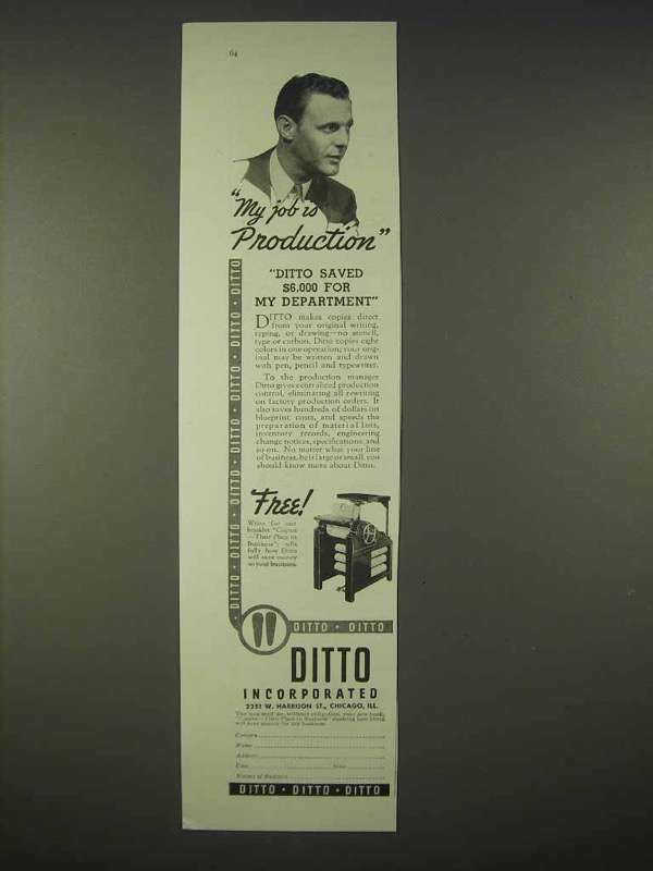 1935 Ditto Copy Machine Ad – My Job is Production
