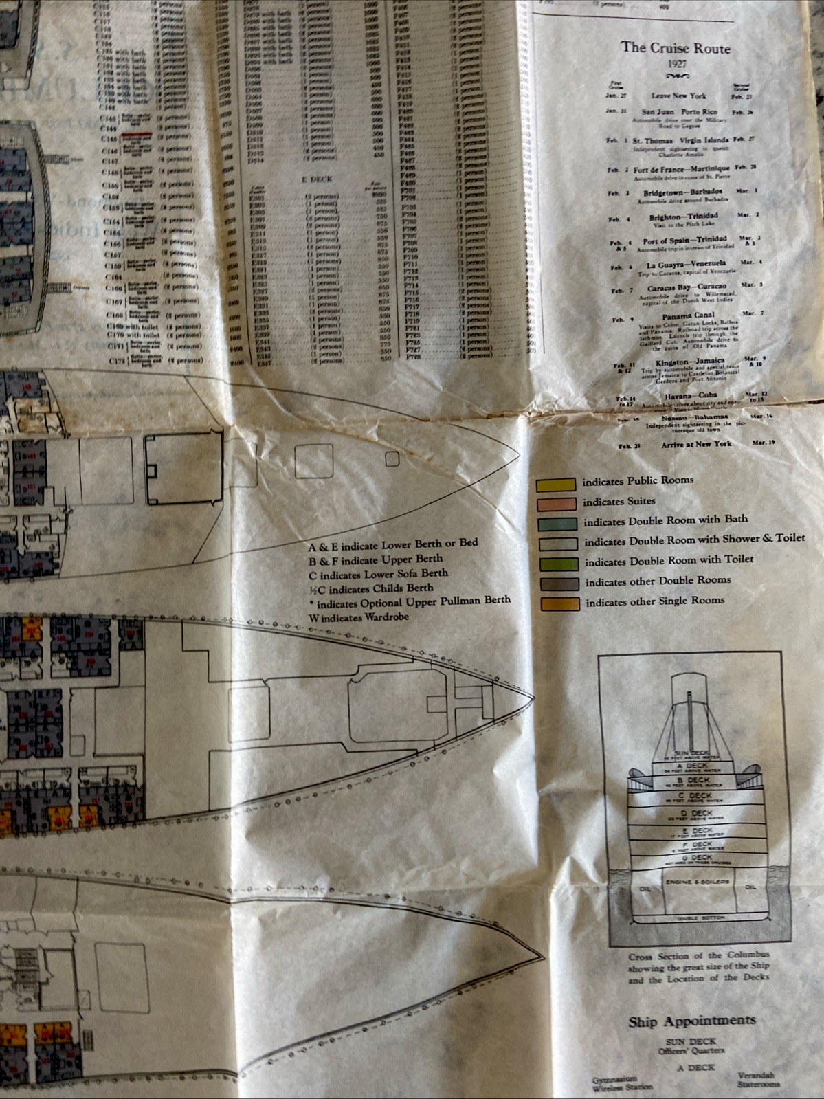 Antique Large 36”x48” Deck Plan SS Columbus Ocean Liner Steamship Diagram RARE