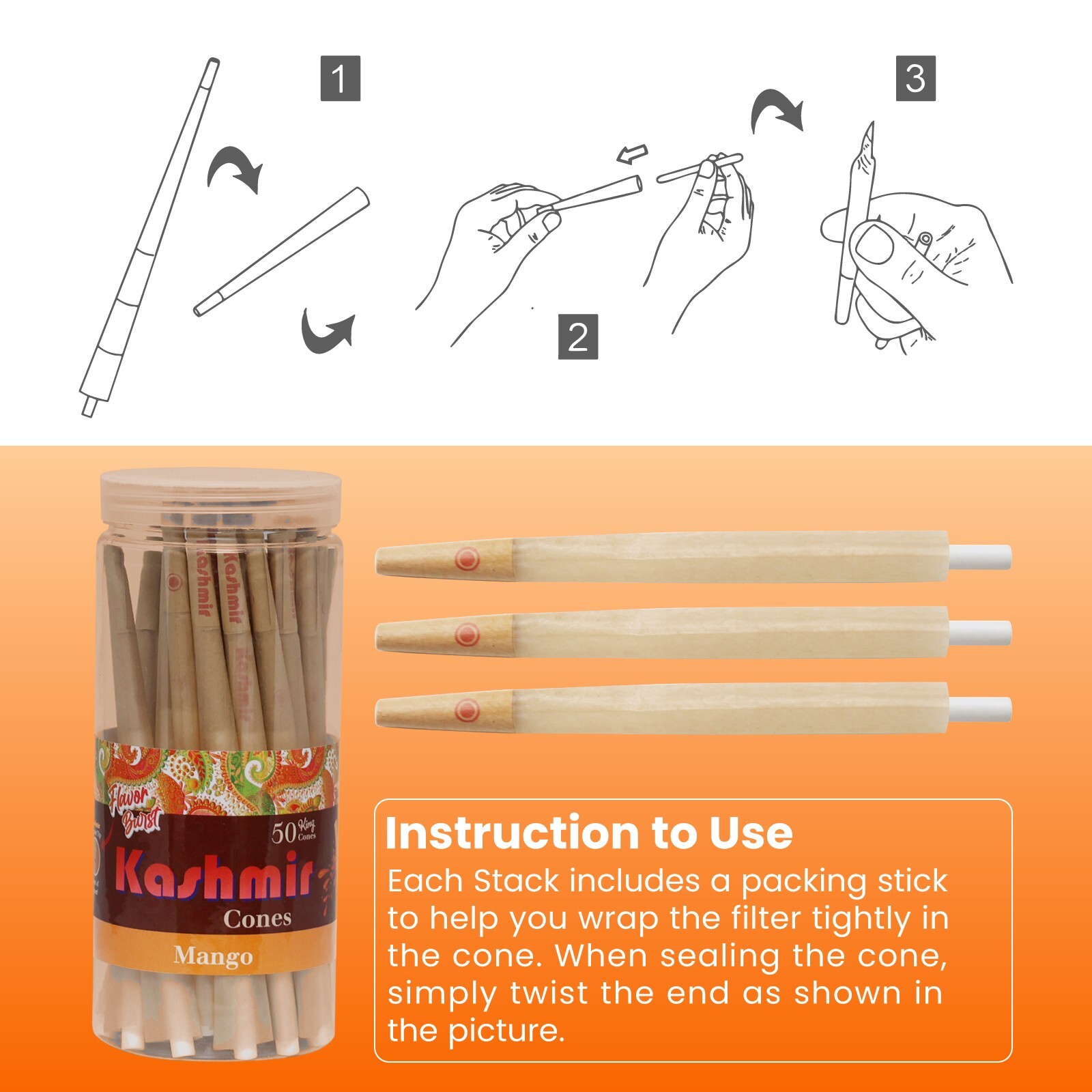 Pre Rolled Cones King Size Mango Flavored Rolling Paper Cones 50 Ct by Kashmir