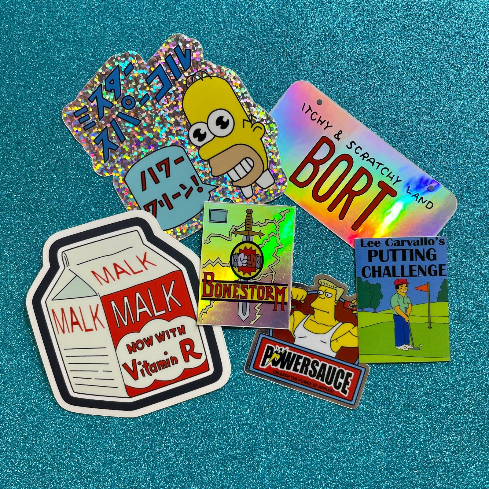 Mr. Sparkle, Bort, Bonestorm, Powersauce ☆ 6 Hologram Prism Simpsons Stickers