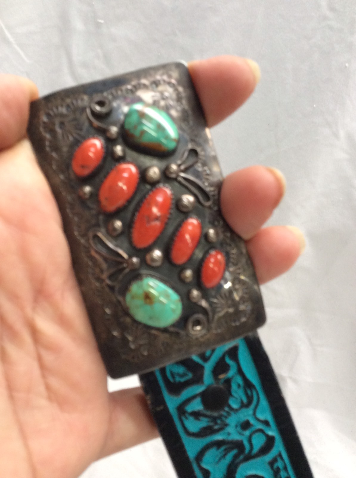 Nice Native American Navajo sterling. Silver 925 Coral Turquoise Stamp Buckle